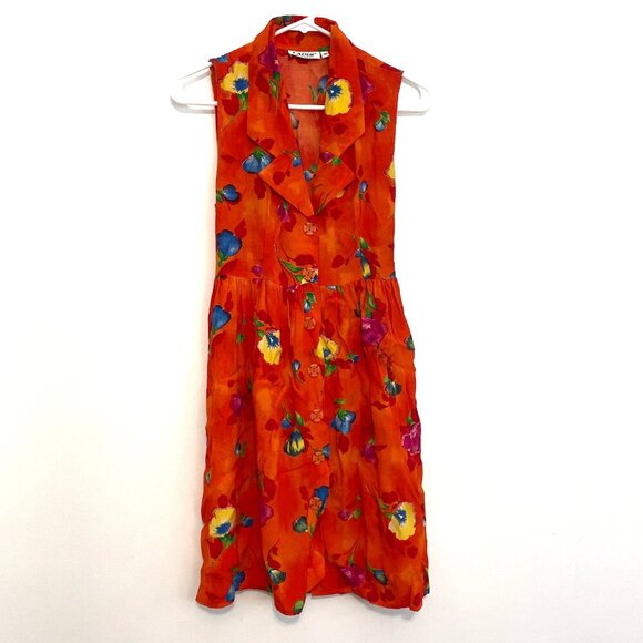 VINTAGE VTG LAPIS LOS ANGELES Orange Floral Button Sleeveless Fit & Flare Dress - Picture 1 of 10